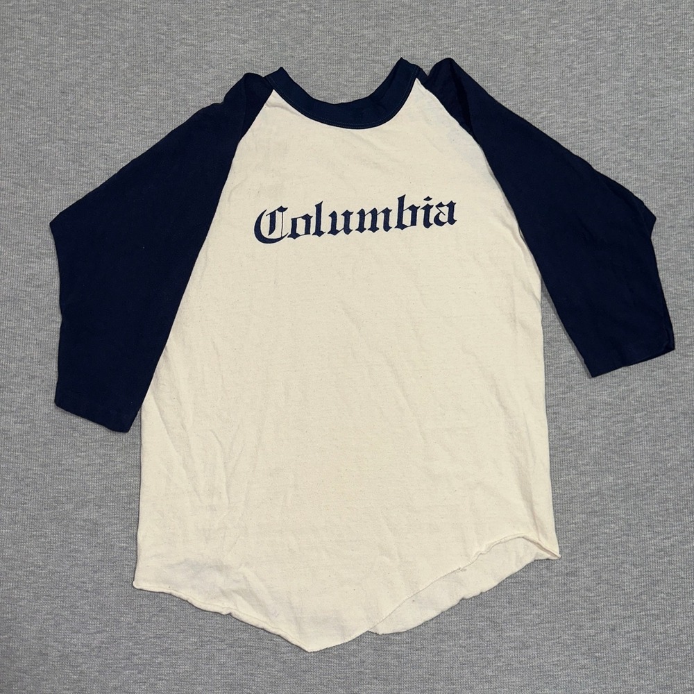 Vintage Velva Sheen Columbia Baseball Raglan Tee Cream Navy Blue USA Large